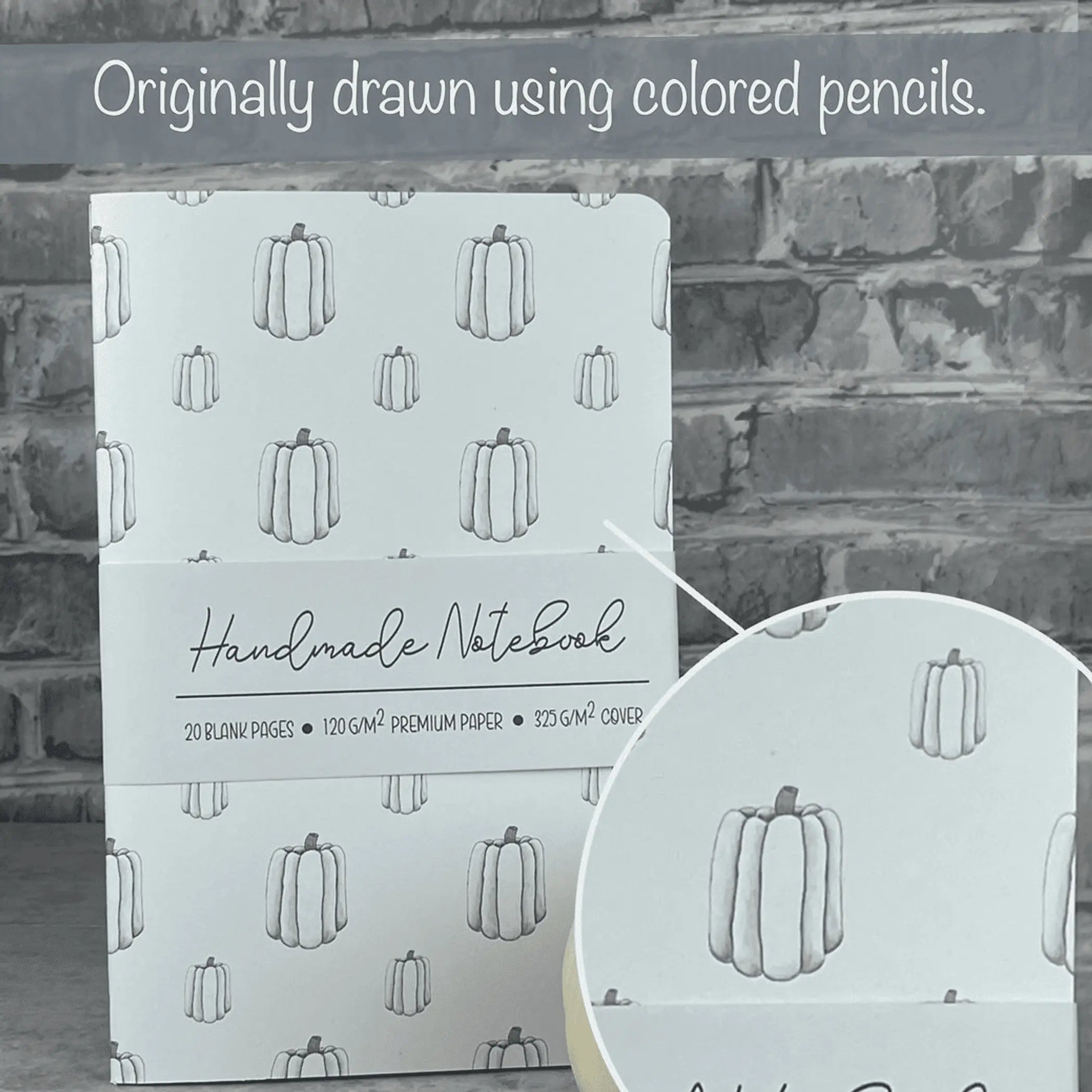 White Pumpkins Pattern - A5 ish size Handmade Saddle Bound Notebook Art by Erica H