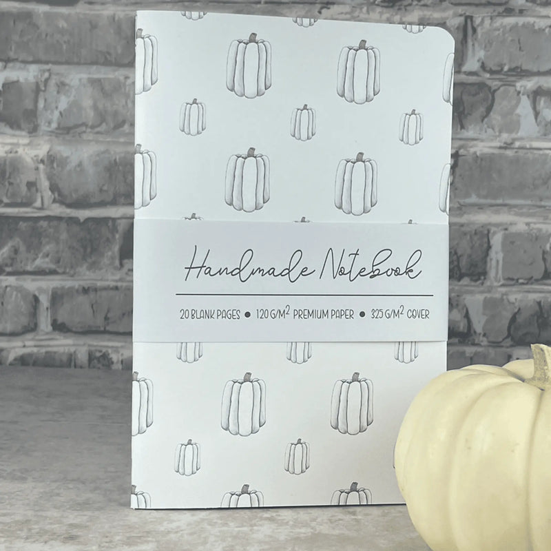 White Pumpkins Pattern - A5 ish size Handmade Saddle Bound Notebook Art by Erica H