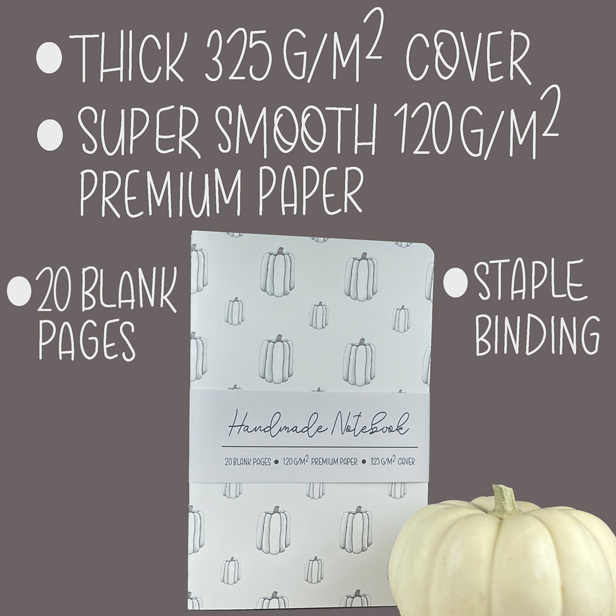 White Pumpkins Pattern - A5 ish size Handmade Saddle Bound Notebook Art by Erica H