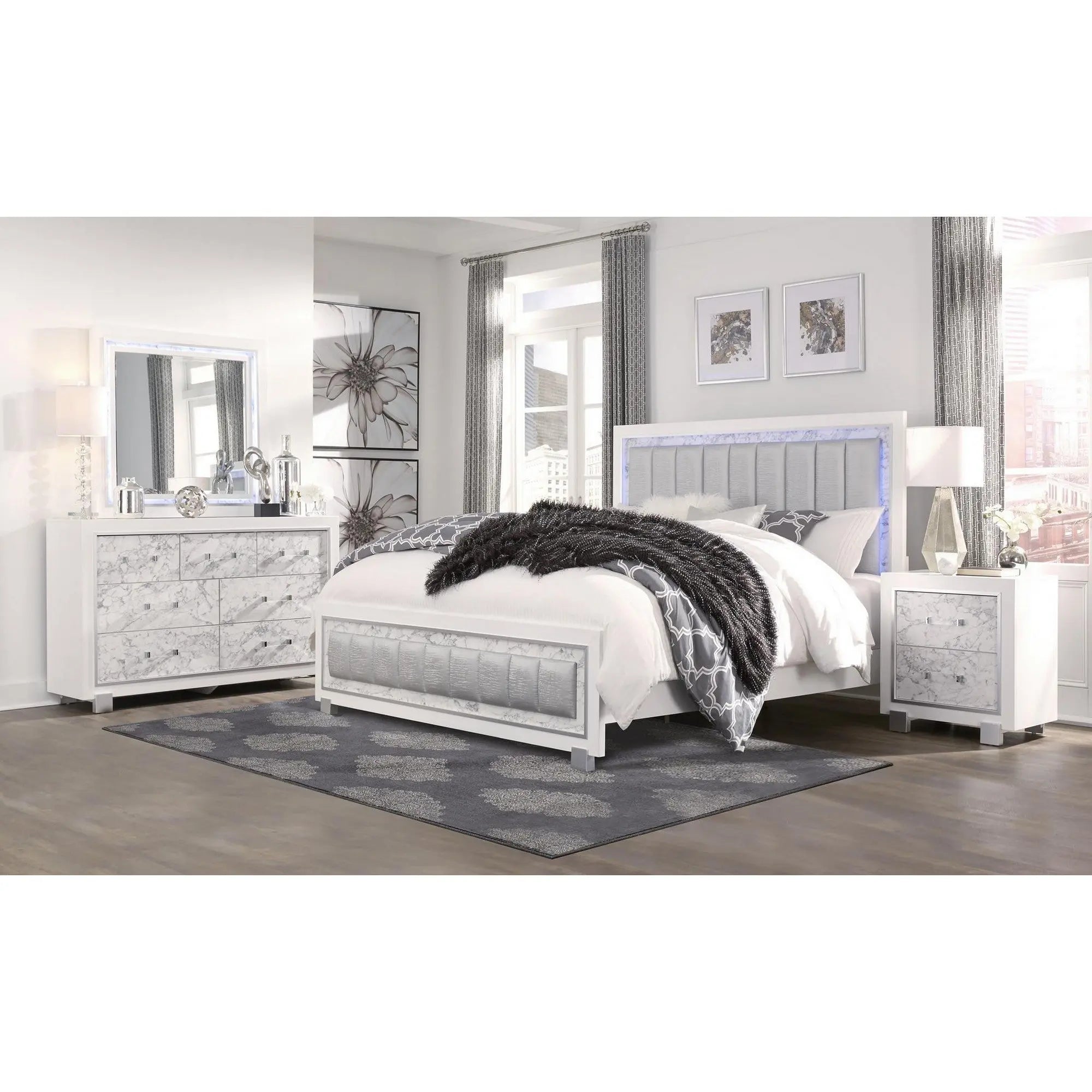 White Solid Wood And Faux Leather Lighted King Bed Frame With No Homeroots Bed & Bath