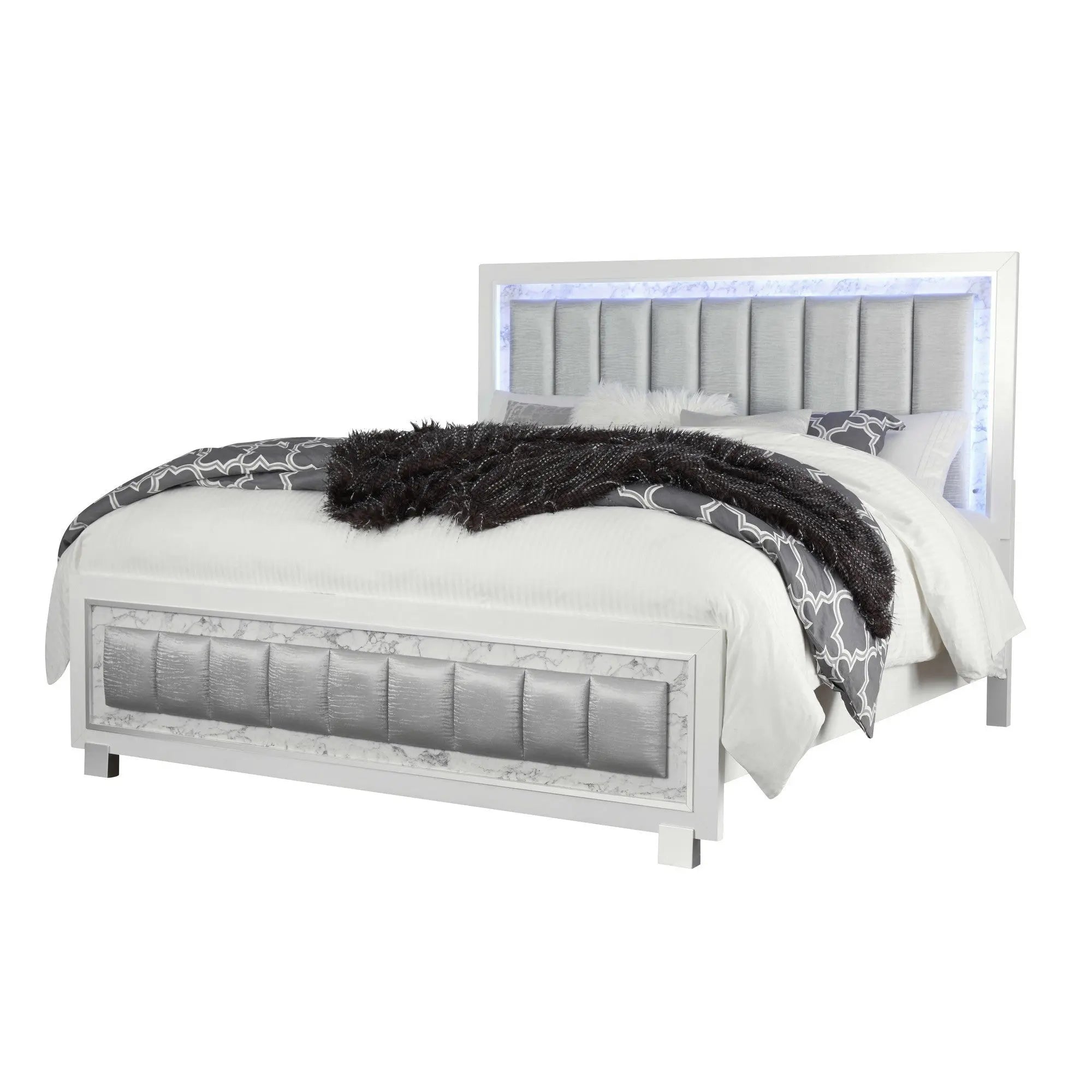 White Solid Wood And Faux Leather Lighted King Bed Frame With No Homeroots Bed & Bath