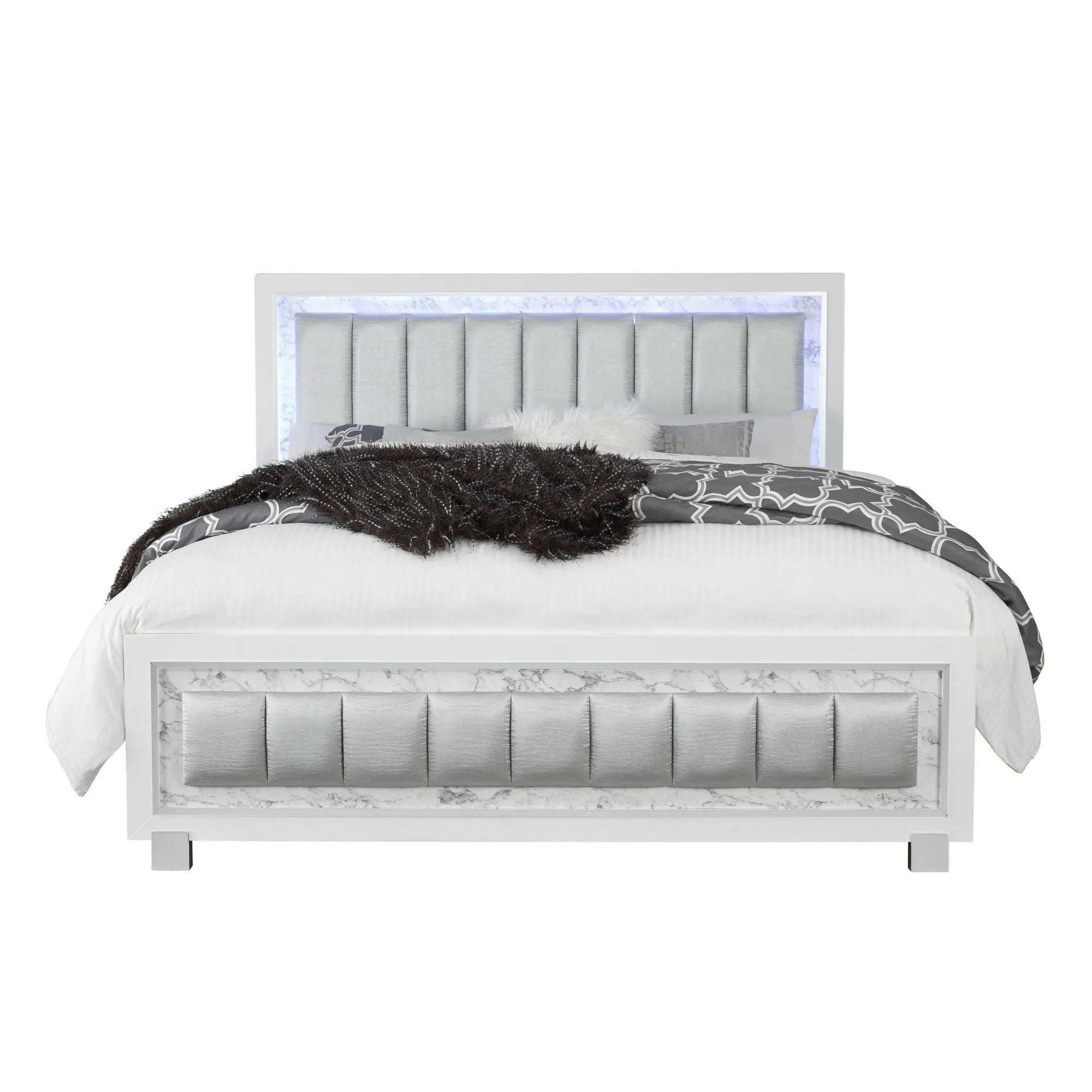 White Solid Wood And Faux Leather Lighted King Bed Frame With No Homeroots Bed & Bath