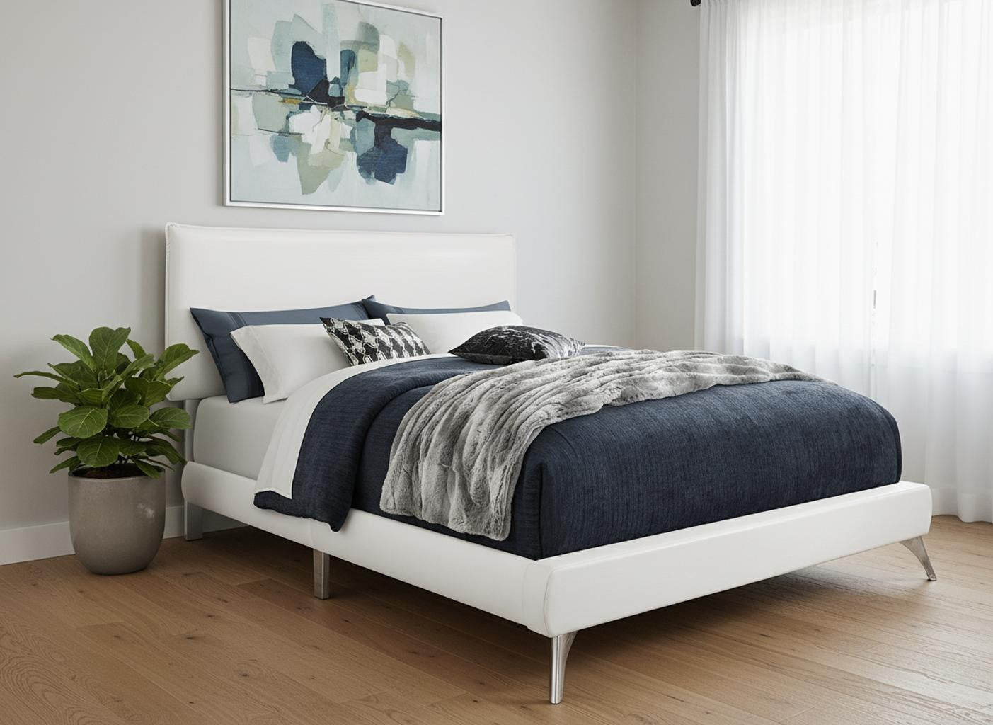 White Solid Wood Queen Upholstered Linen Bed Frame - GreatEagleInc