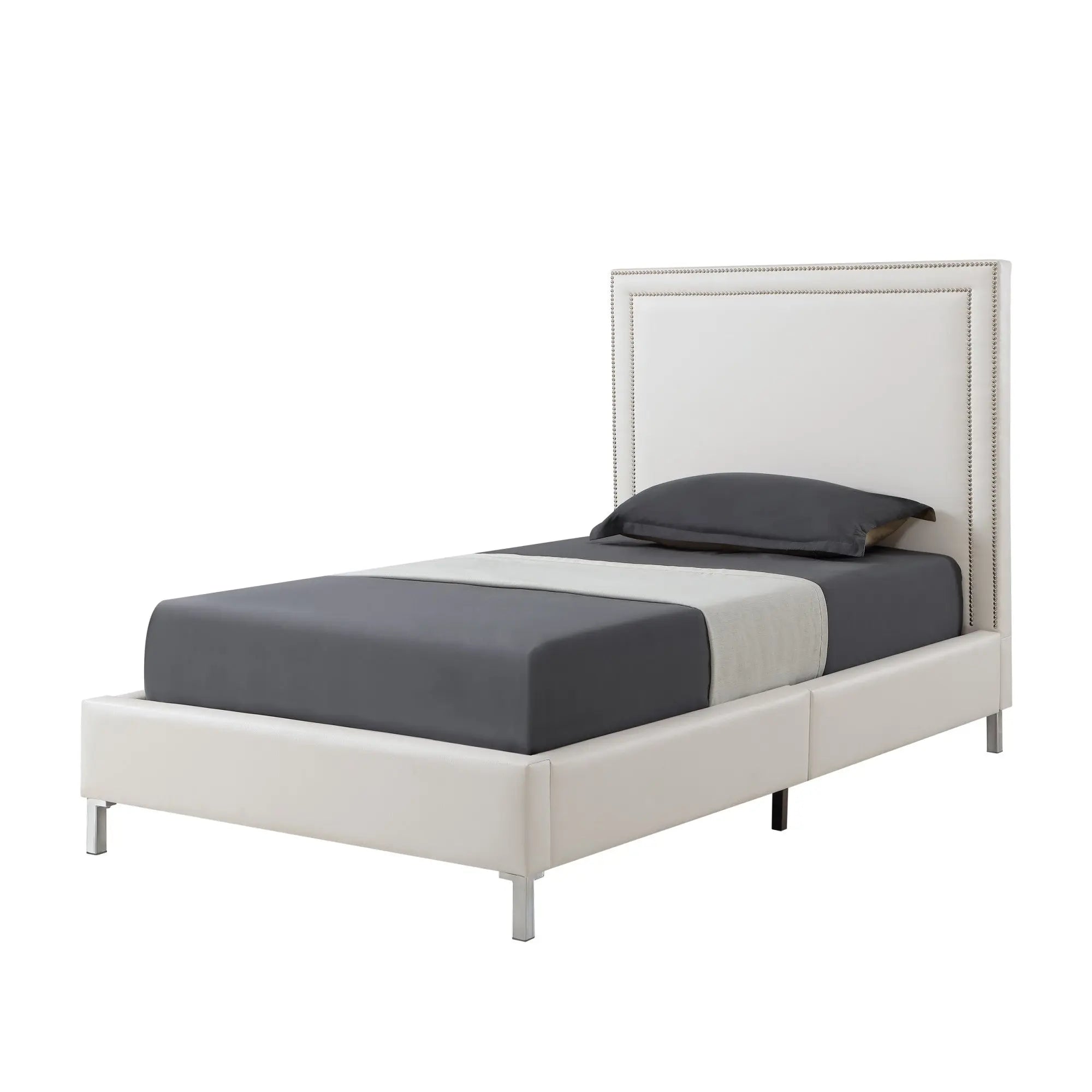 White Solid Wood Twin Upholstered Faux Leather Bed Frame with Nailhead Trim Homeroots Bed & Bath