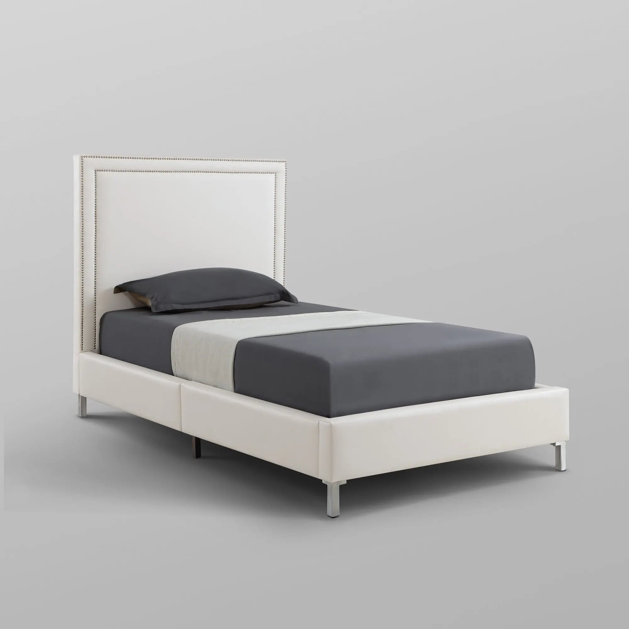 White Solid Wood Twin Upholstered Faux Leather Bed Frame with Nailhead Trim Homeroots Bed & Bath