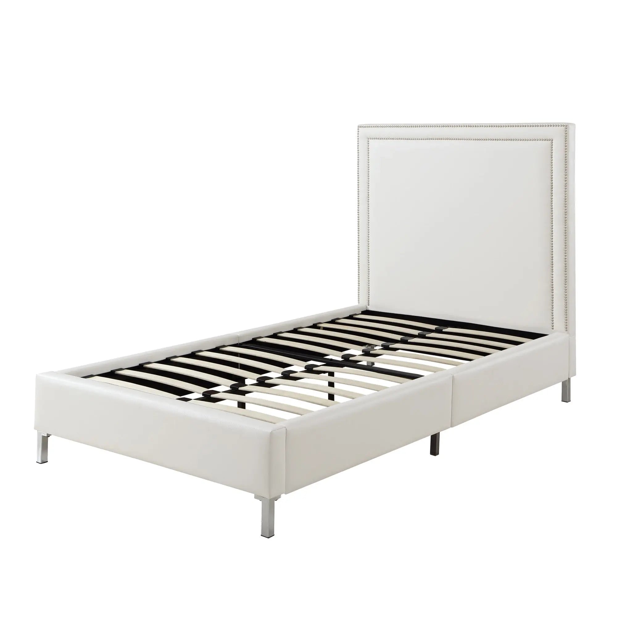 White Solid Wood Twin Upholstered Faux Leather Bed Frame with Nailhead Trim Homeroots Bed & Bath