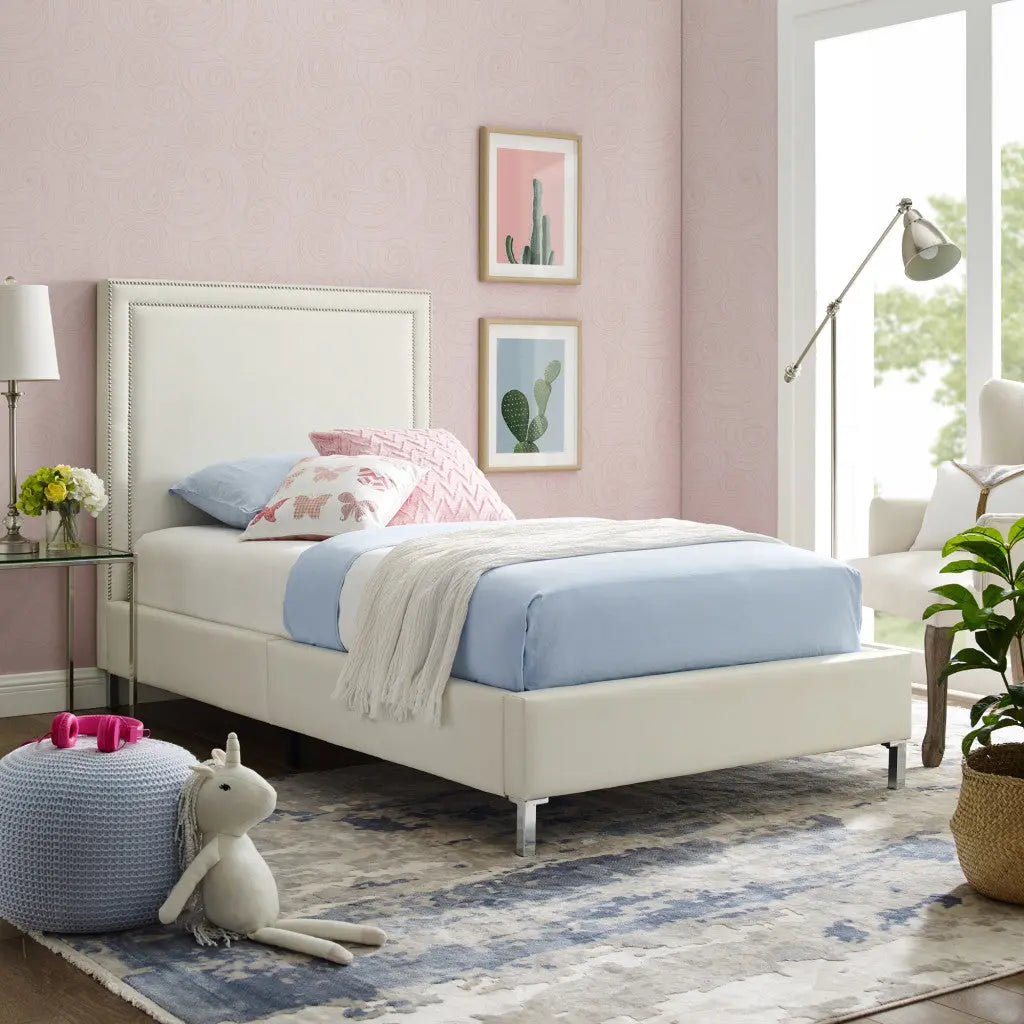 White Solid Wood Twin Upholstered Faux Leather Bed Frame with Nailhead Trim Homeroots Bed & Bath