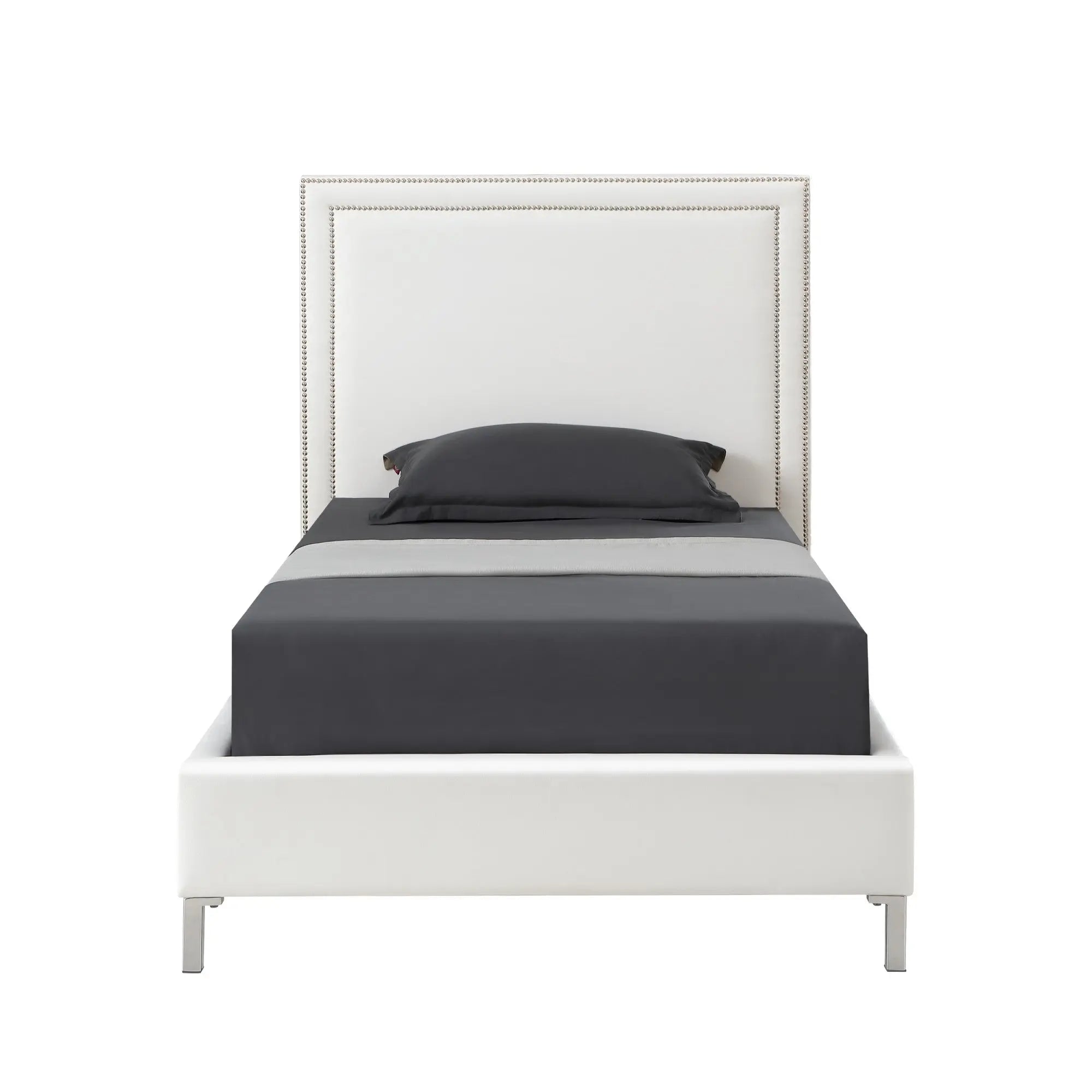 White Solid Wood Twin Upholstered Faux Leather Bed Frame with Nailhead Trim Homeroots Bed & Bath
