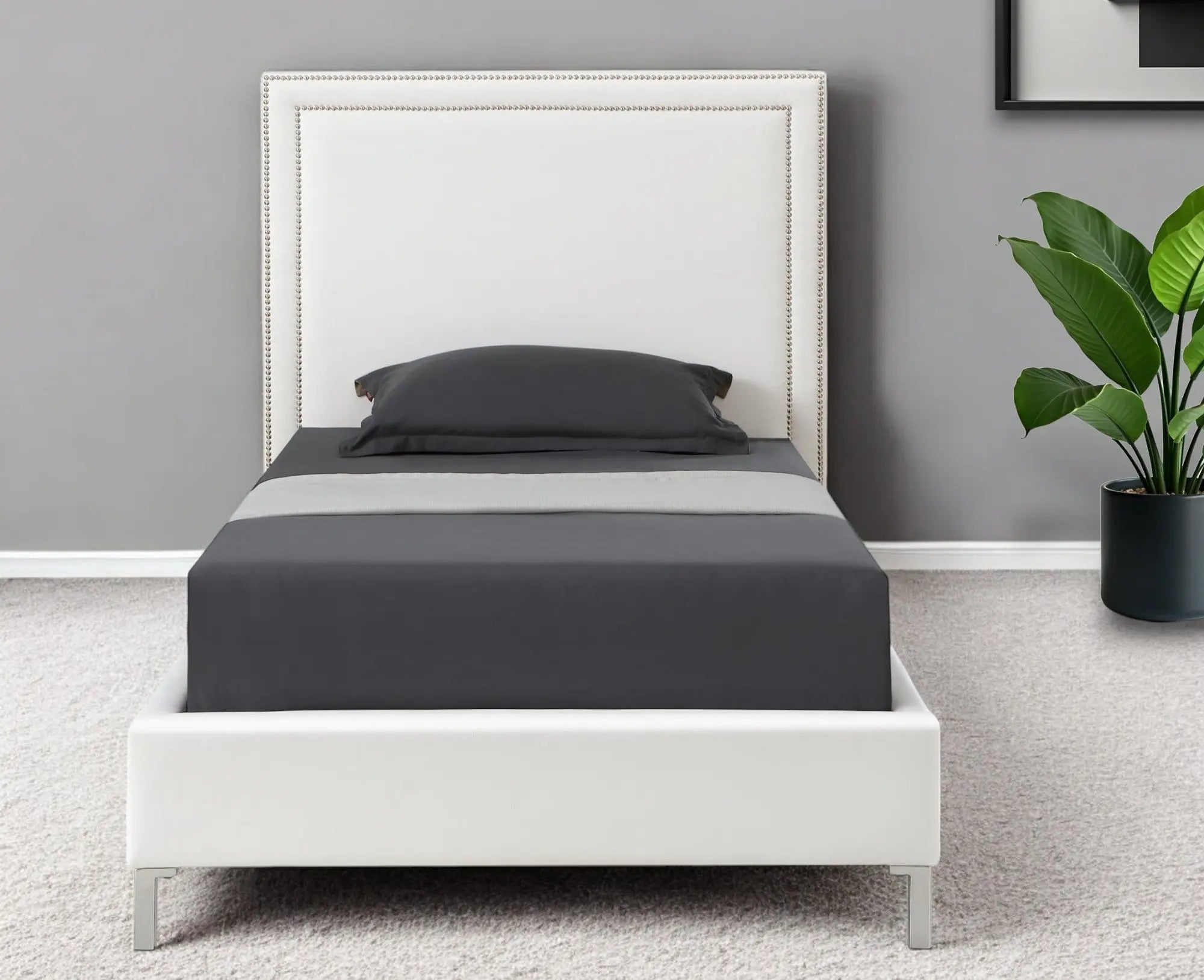 White Solid Wood Twin Upholstered Faux Leather Bed Frame with Nailhead Trim Homeroots Bed & Bath