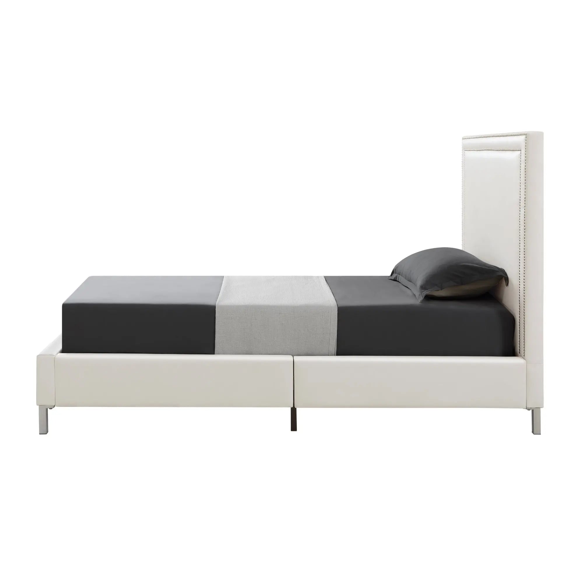 White Solid Wood Twin Upholstered Faux Leather Bed Frame with Nailhead Trim Homeroots Bed & Bath