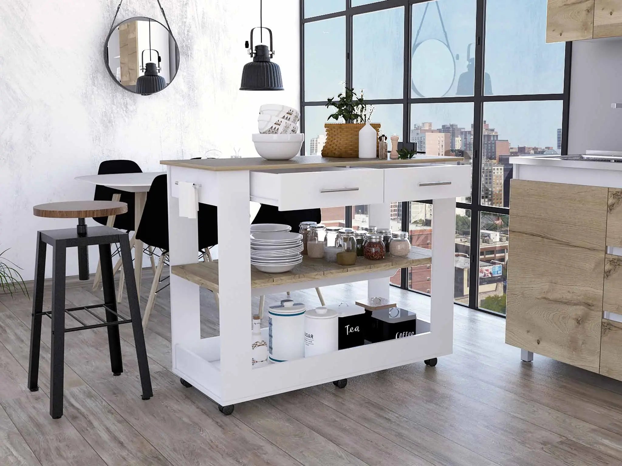 White and Brown 40" Rolling Kitchen Cart With Storage Homeroots Kitchen & Dining