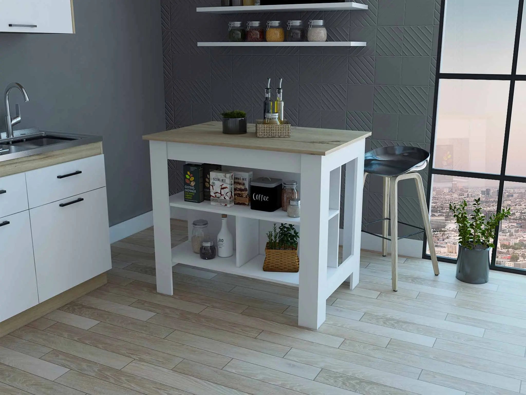 White and Brown 41" Kitchen Island With Storage Homeroots Kitchen & Dining