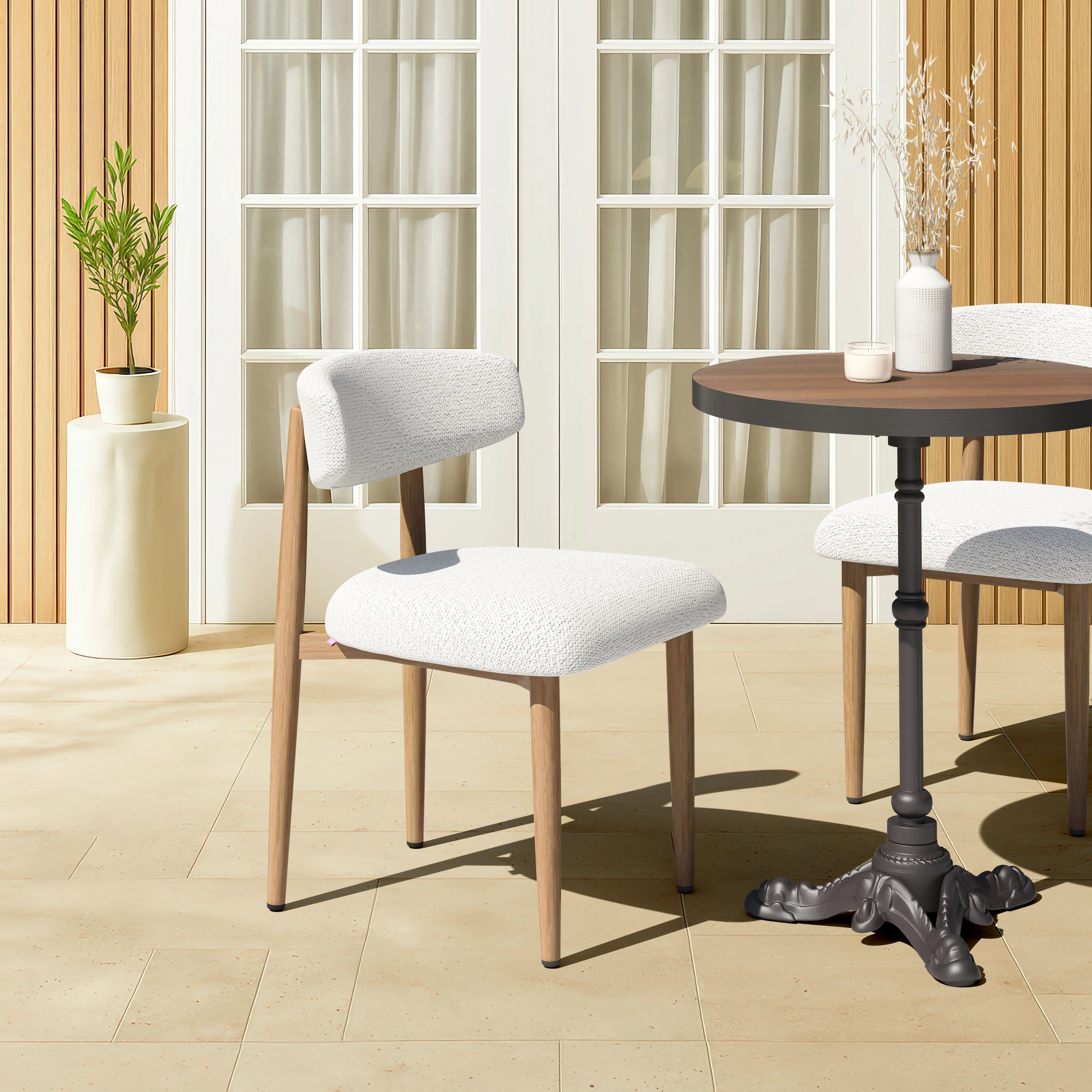 White and Brown Olefin And Aluminum Partially Open Back Dining Side Chair - GreatEagleInc