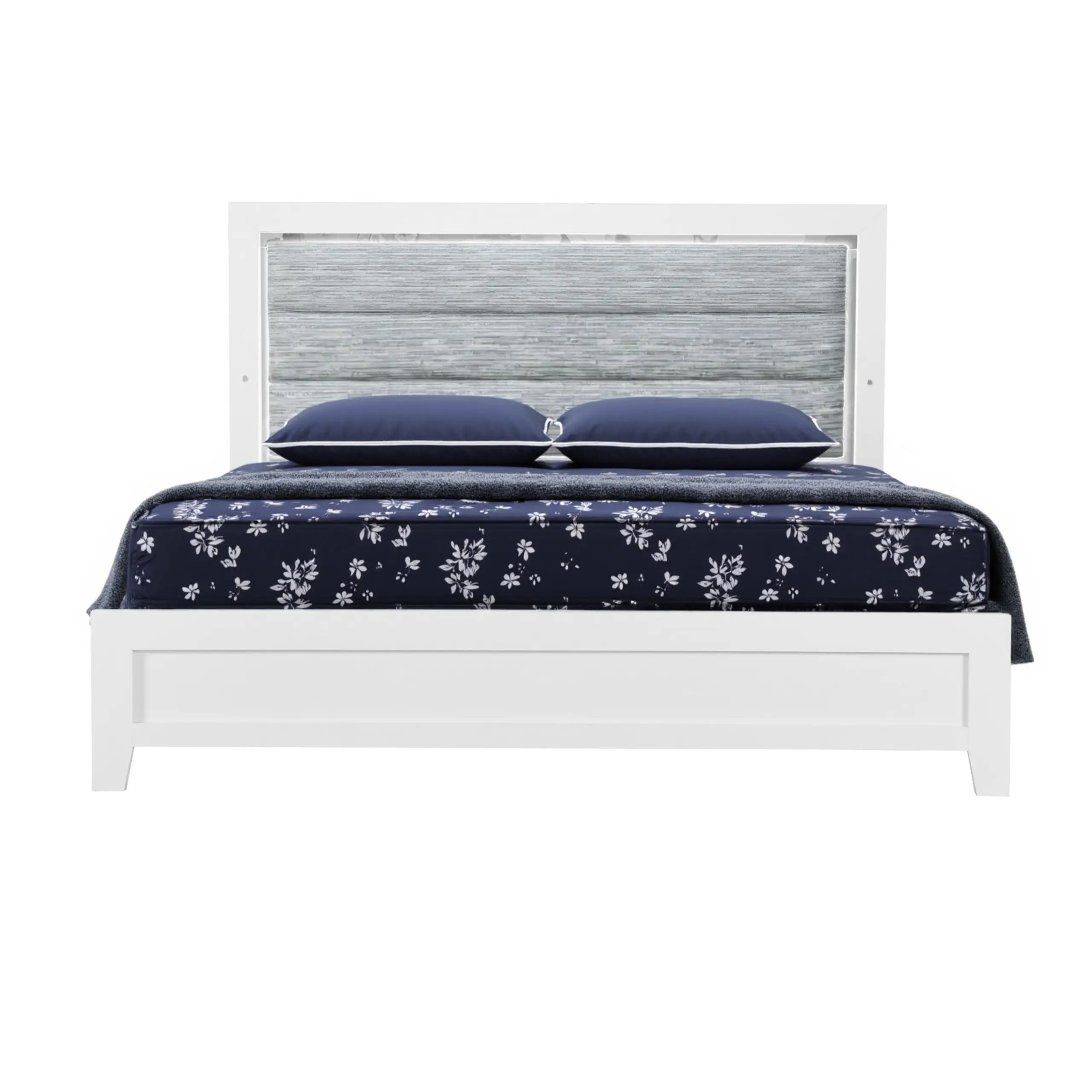 White and Light Gray Ribbed Texture Wood And Upholstery Lighted Full Bed Frame Homeroots Bed & Bath