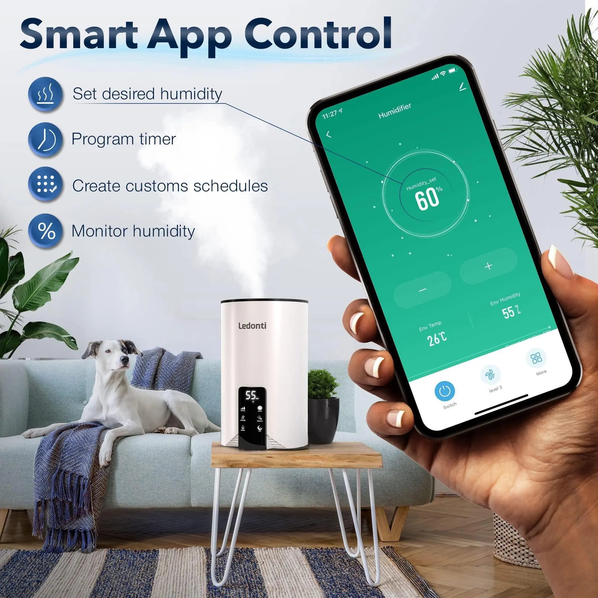 WiFi Control Humidifiers for Bedroom   Dual Mist (Cool & Warm) ! Humidifier 4L Big Capacity Top Fill Water Tank Quie Humidifier for Large Rooms Home Living Office Baby   Ultrasonic Humidifier Ledonti