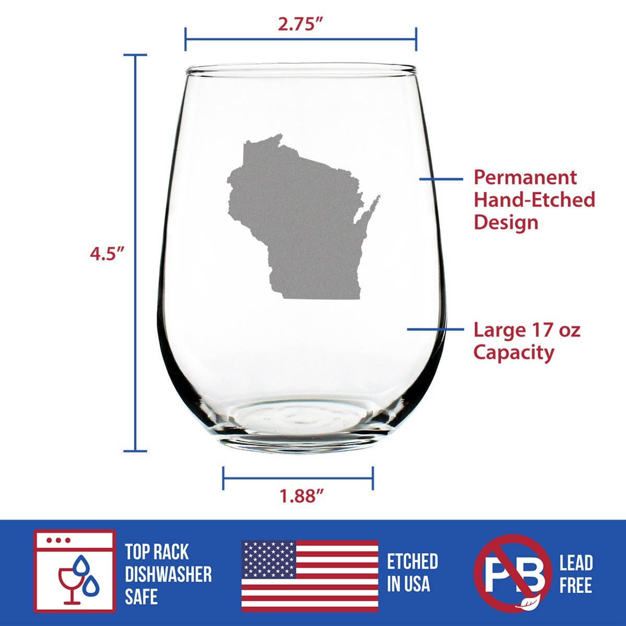 Wisconsin Outline Stemless Wine Glass - Cheesehead Gifts Bevvee