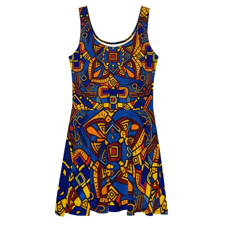 Women Skater Dress in African Fabric Print Yellow and Blue Adirelounge