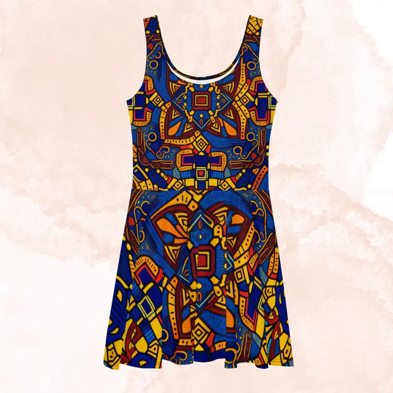 Women Skater Dress in African Fabric Print Yellow and Blue Adirelounge