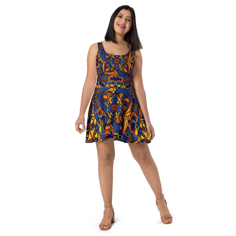 Women Skater Dress in African Fabric Print Yellow and Blue Adirelounge