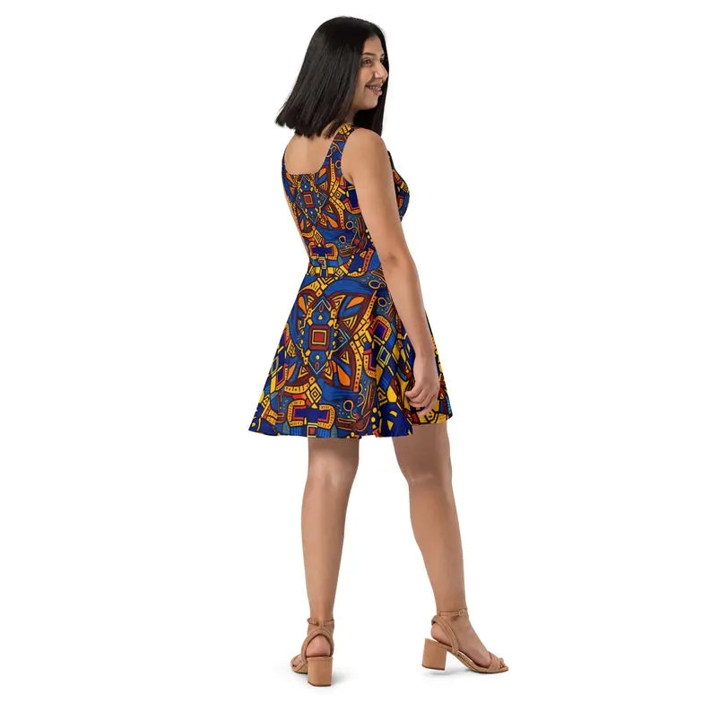 Women Skater Dress in African Fabric Print Yellow and Blue Adirelounge