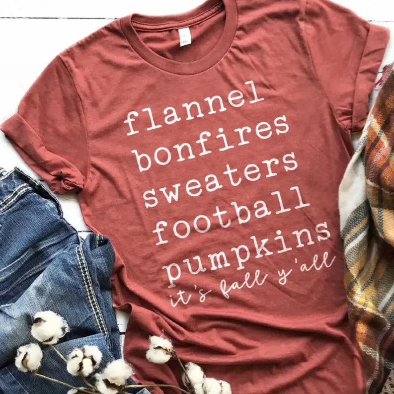 Women's Fall Y'all Vibes Bucket List T-Shirt Flannels Football Bonfires Pumpkins Dream Team Designs