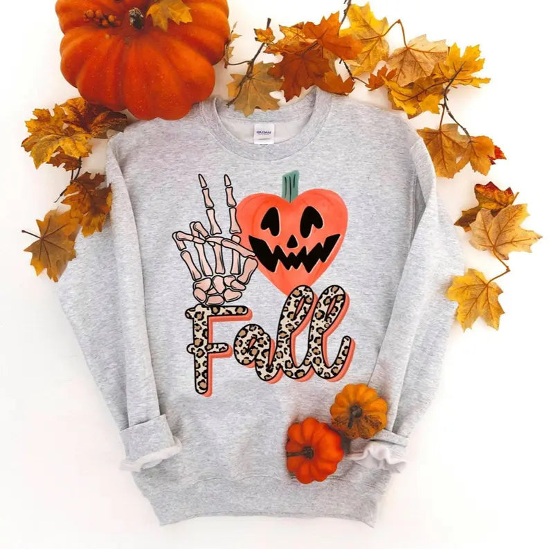 Women's I Love Fall Peace Sign Skeleton Halloween Crew Neck Sweatshirt Dream Team Designs