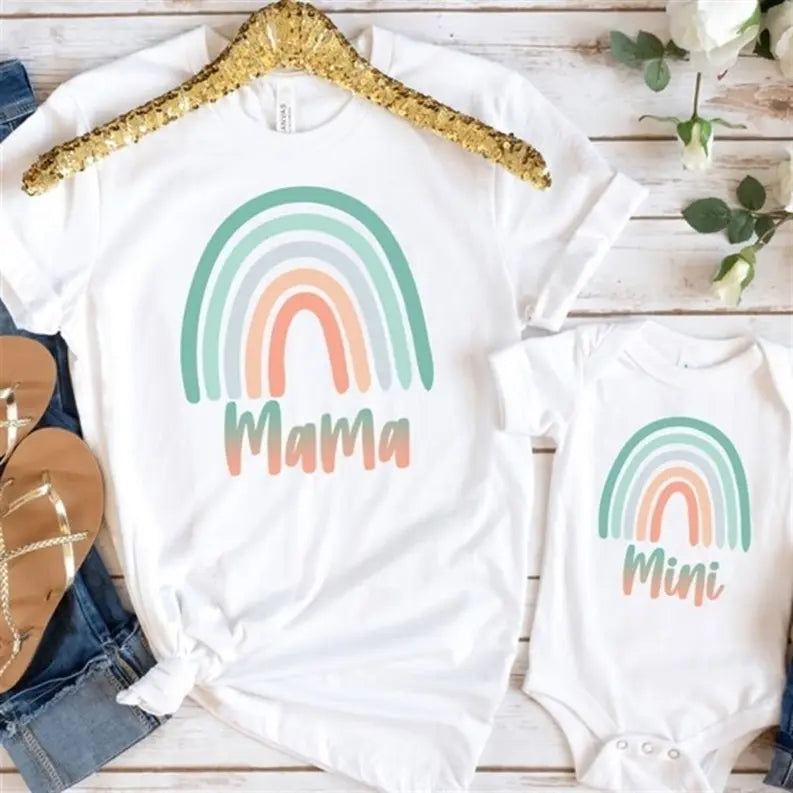 Women's Retro Pastel Ombre Rainbow Mama and Mini Me T-Shirt Dream Team Designs