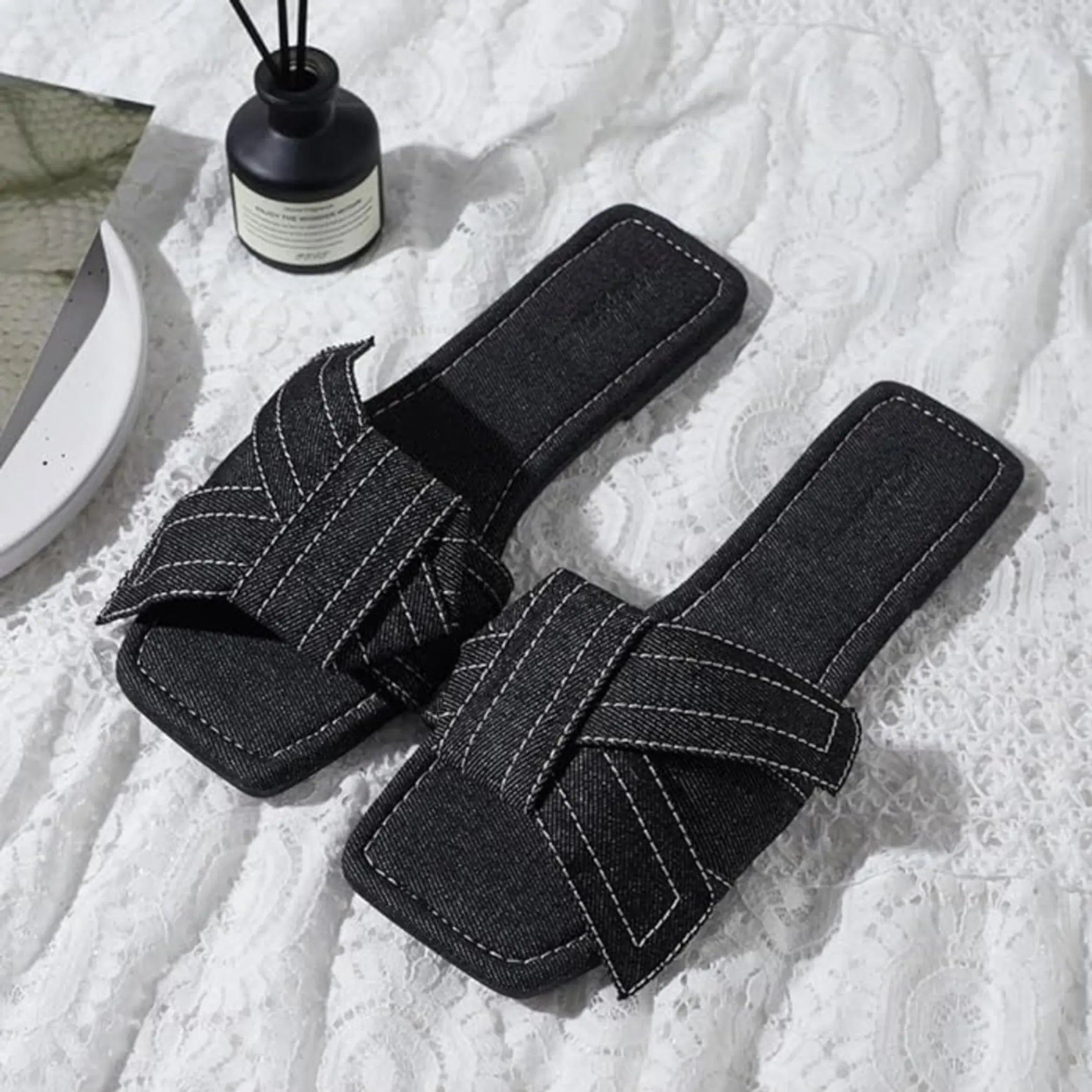 Womens Fashion Casual Daily Wear Slide Shoes, Open Toe Slip On Slide Sandals, Denim Flat Slides Roxoni