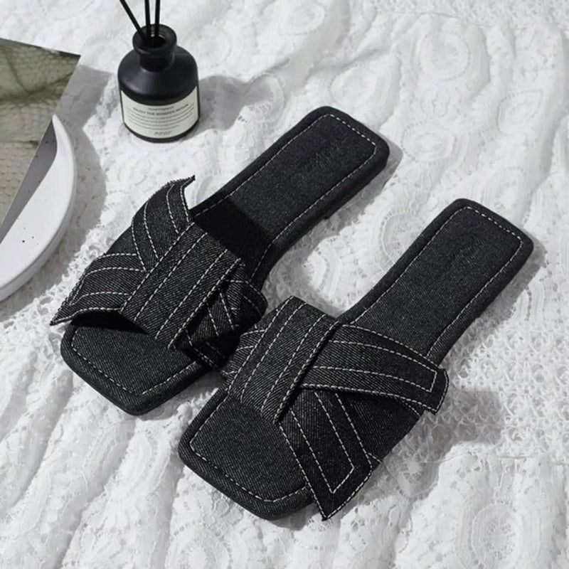 Womens Fashion Casual Daily Wear Slide Shoes, Open Toe Slip On Slide Sandals, Denim Flat Slides Roxoni