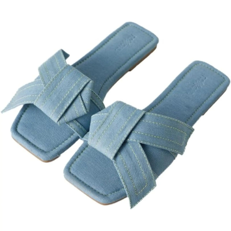Womens Fashion Casual Daily Wear Slide Shoes, Open Toe Slip On Slide Sandals, Denim Flat Slides Roxoni
