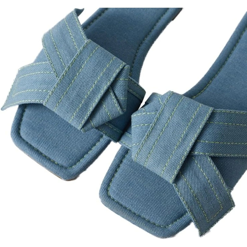 Womens Fashion Casual Daily Wear Slide Shoes, Open Toe Slip On Slide Sandals, Denim Flat Slides Roxoni