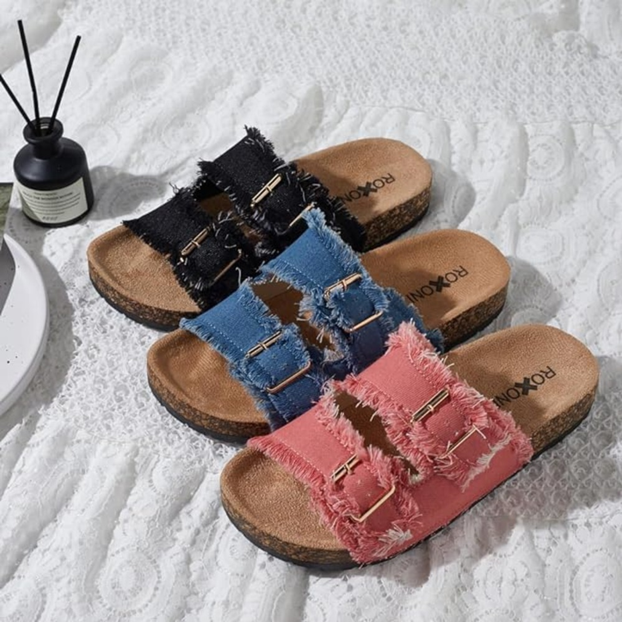 Womens Flat Sandals Cork Footbed Slides 2 Straps Adjustable Buckle Slip On Comfort Summer Suede Roxoni
