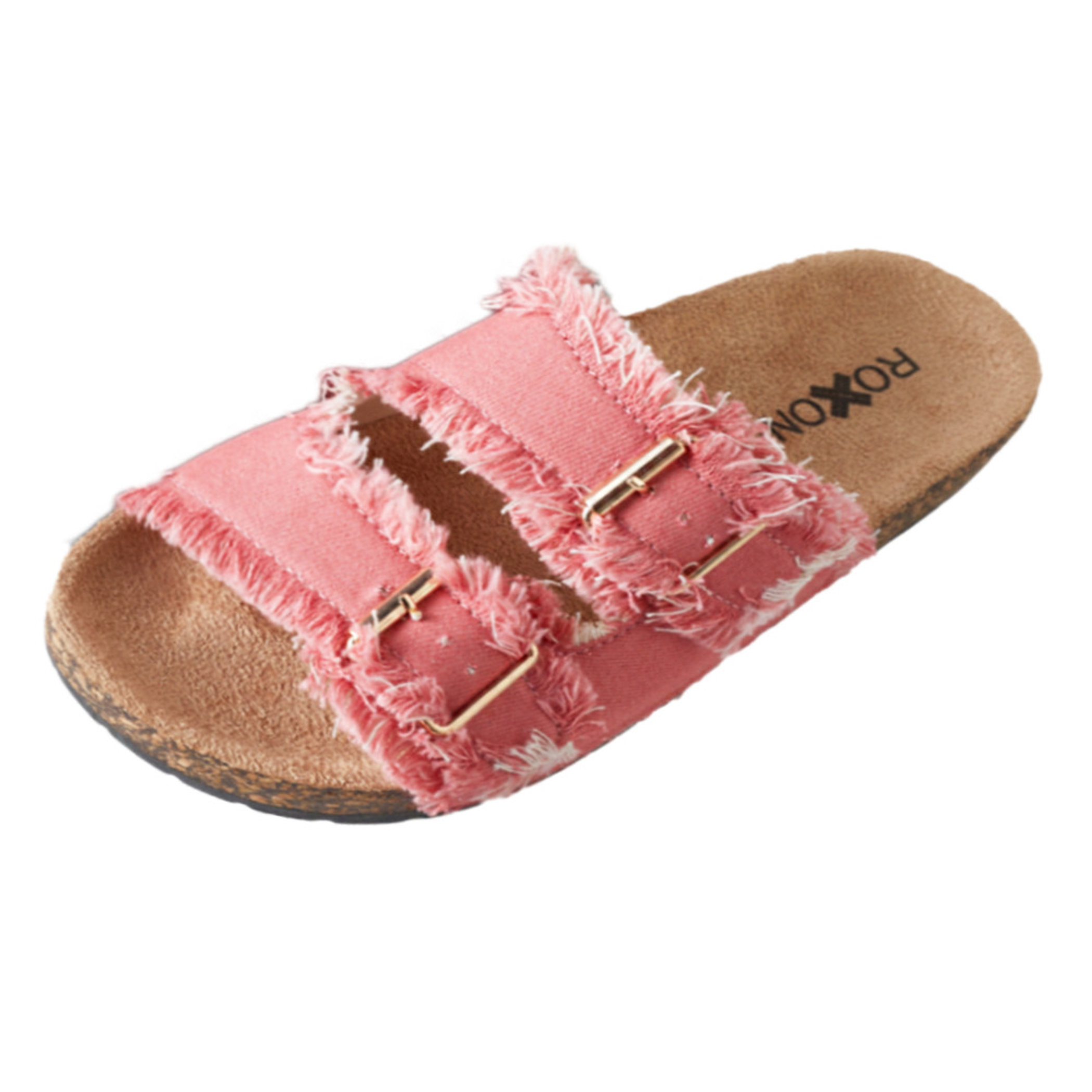 Womens Flat Sandals Cork Footbed Slides 2 Straps Adjustable Buckle Slip On Comfort Summer Suede Roxoni