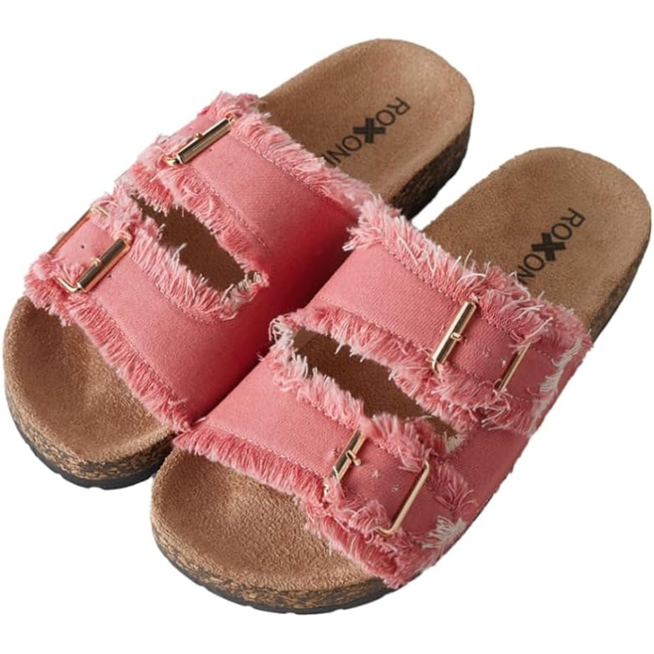Womens Flat Sandals Cork Footbed Slides 2 Straps Adjustable Buckle Slip On Comfort Summer Suede Roxoni