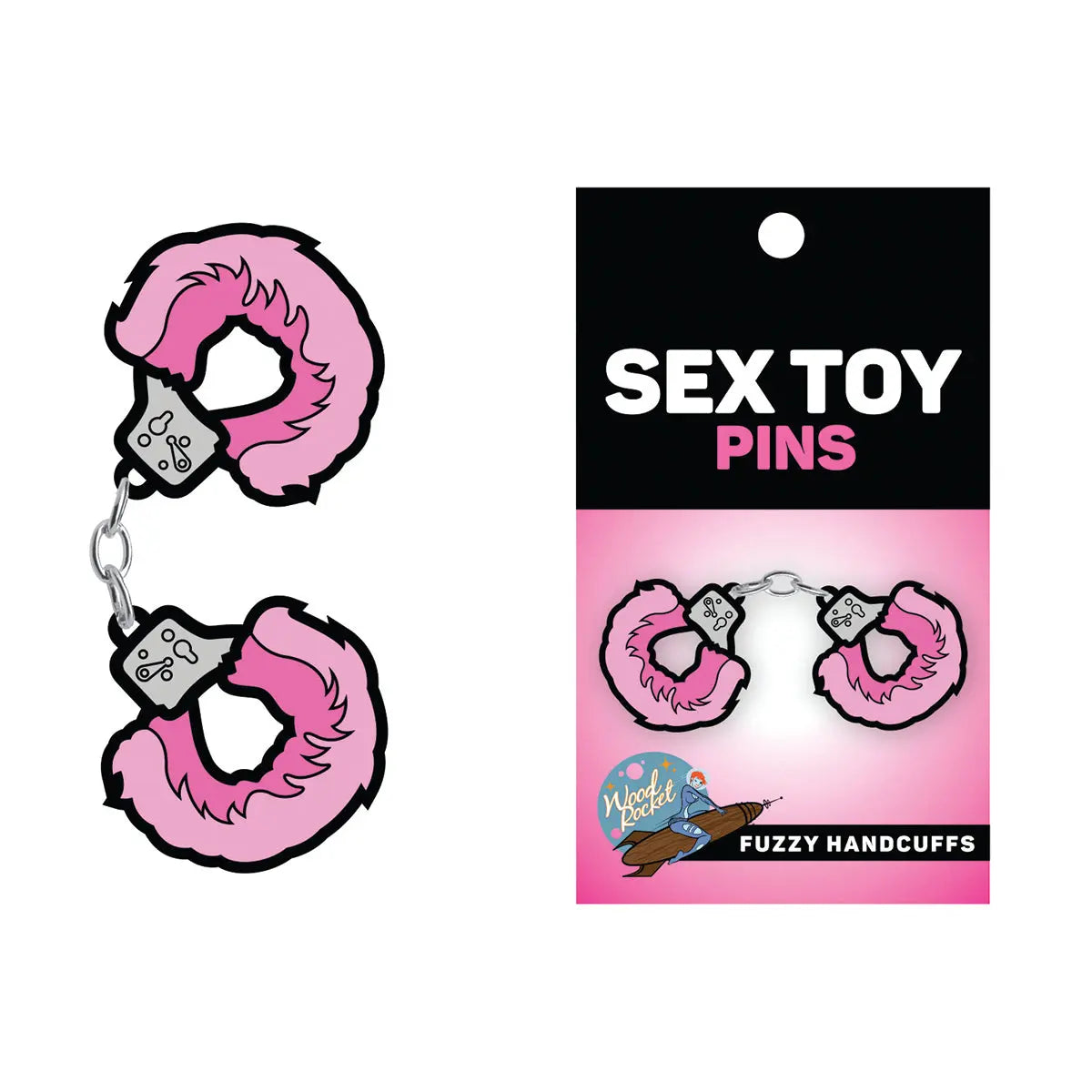 Wood Rocket Fuzzy Handcuffs Pin Wood Rocket