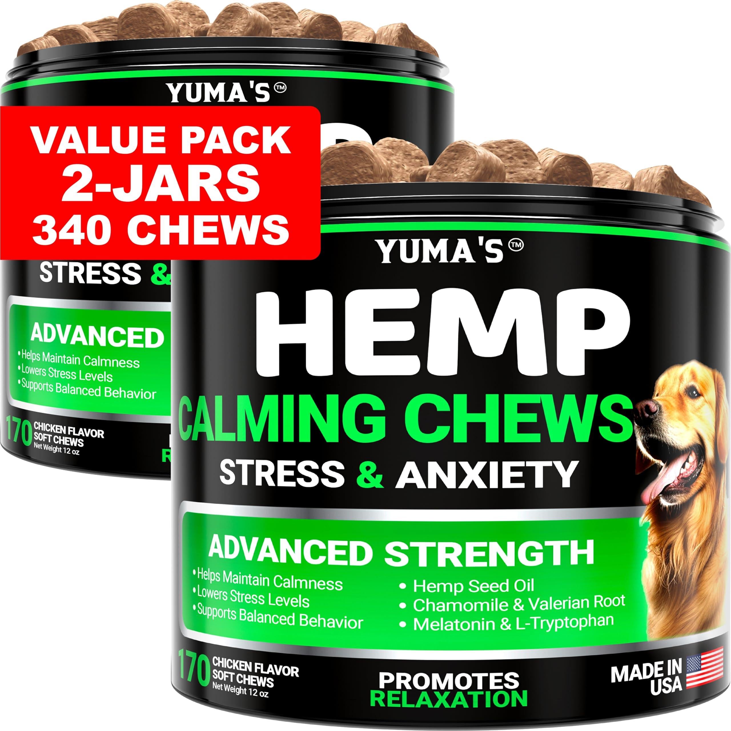 YUMA'S (2 Pack) Hemp Calming Chews for Dogs   Advanced Dog Calming Treats   Dog Calming Chews   340 Chews   Anxiety Relief Treats   Separation Aid Barking Stress Relief   Melatonin   Hemp Oil Yuma'S