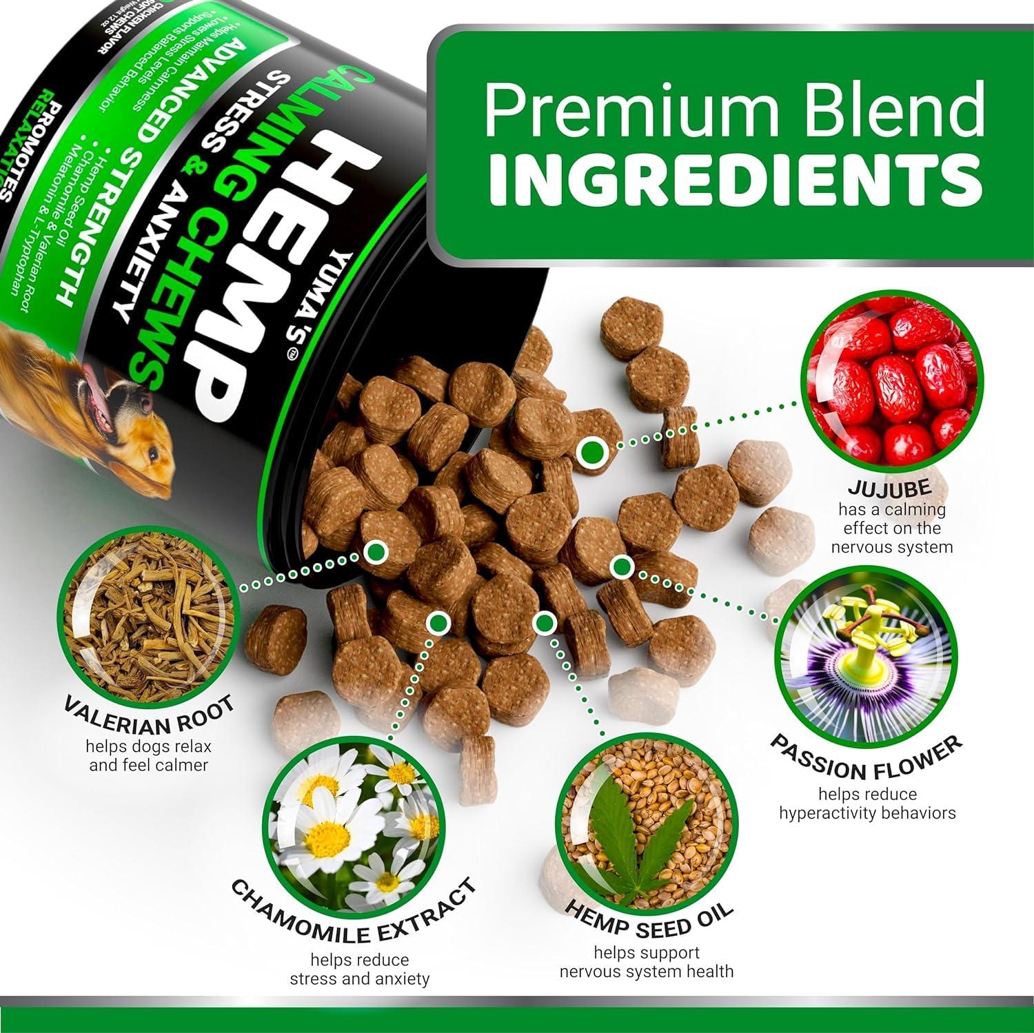 YUMA'S (2 Pack) Hemp Calming Chews for Dogs   Advanced Dog Calming Treats   Dog Calming Chews   340 Chews   Anxiety Relief Treats   Separation Aid Barking Stress Relief   Melatonin   Hemp Oil Yuma'S