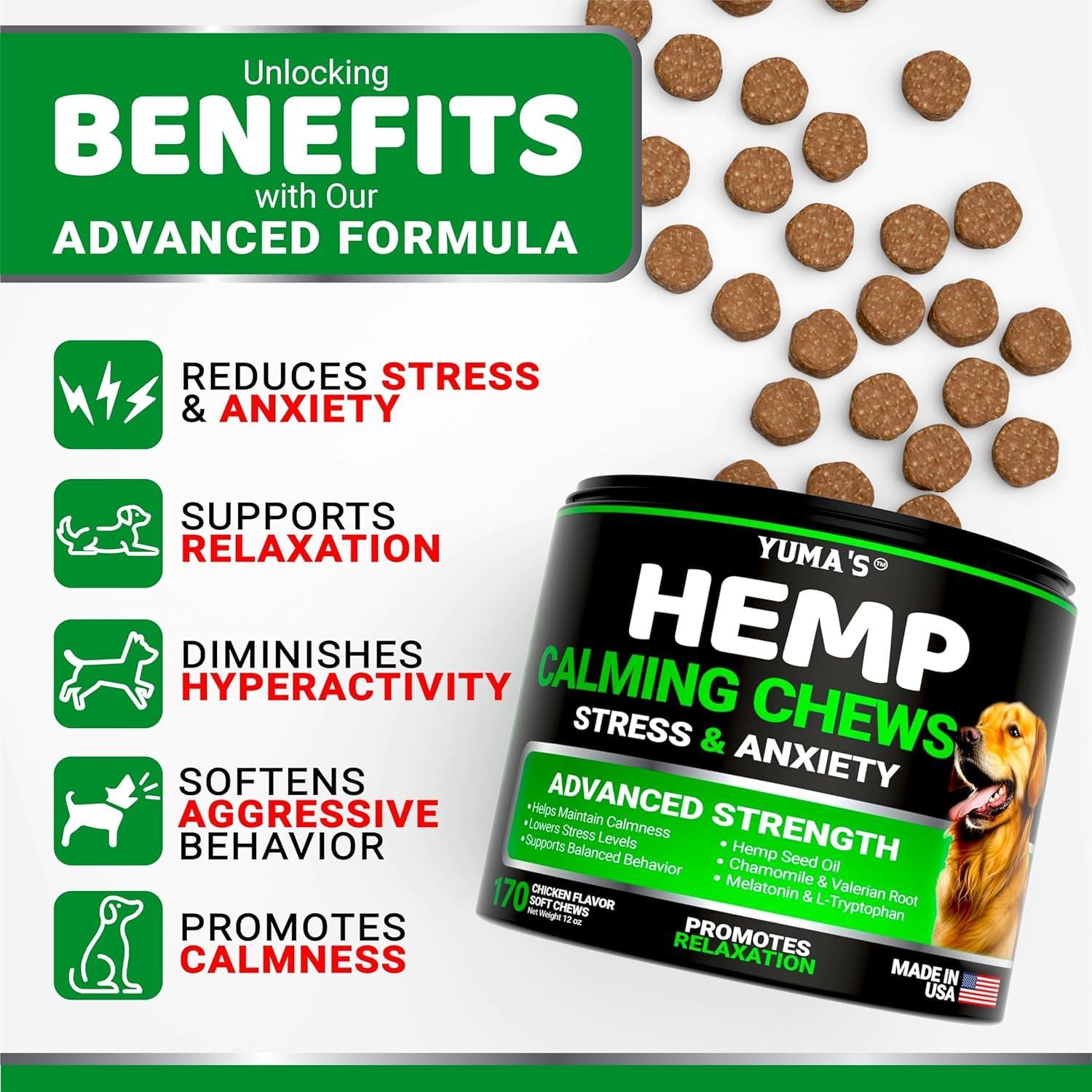 YUMA'S (2 Pack) Hemp Calming Chews for Dogs   Advanced Dog Calming Treats   Dog Calming Chews   340 Chews   Anxiety Relief Treats   Separation Aid Barking Stress Relief   Melatonin   Hemp Oil Yuma'S