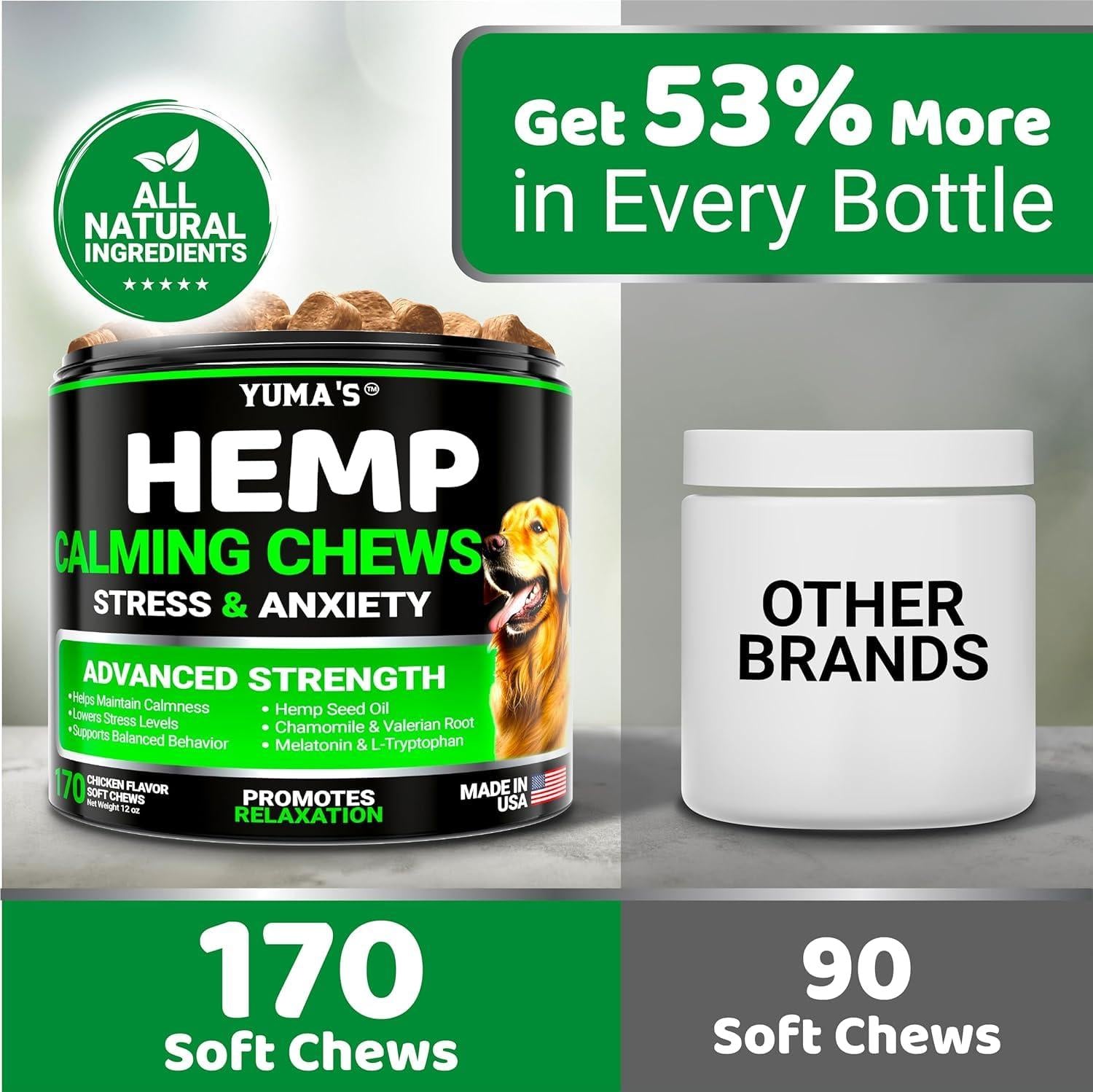 YUMA'S (2 Pack) Hemp Calming Chews for Dogs   Advanced Dog Calming Treats   Dog Calming Chews   340 Chews   Anxiety Relief Treats   Separation Aid Barking Stress Relief   Melatonin   Hemp Oil Yuma'S