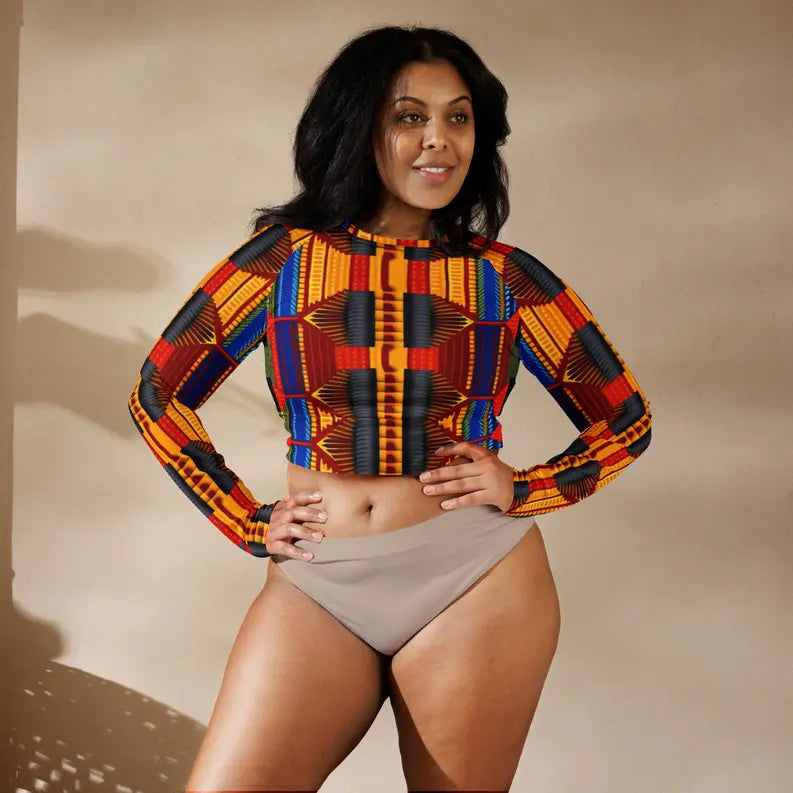 Yellow Blue African Kente Women's Longsleeve Crop Top Adirelounge