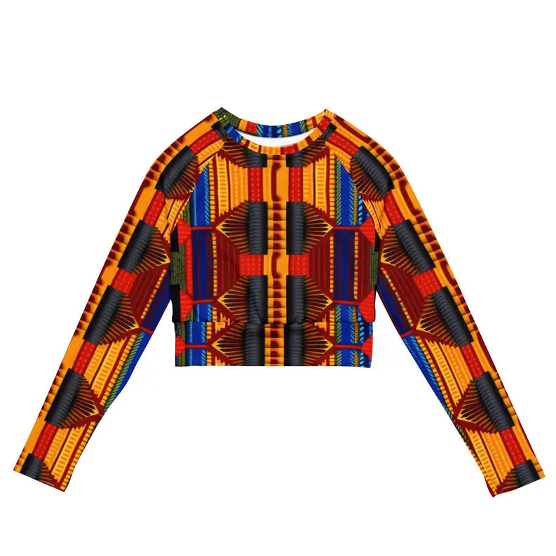 Yellow Blue African Kente Women's Longsleeve Crop Top Adirelounge