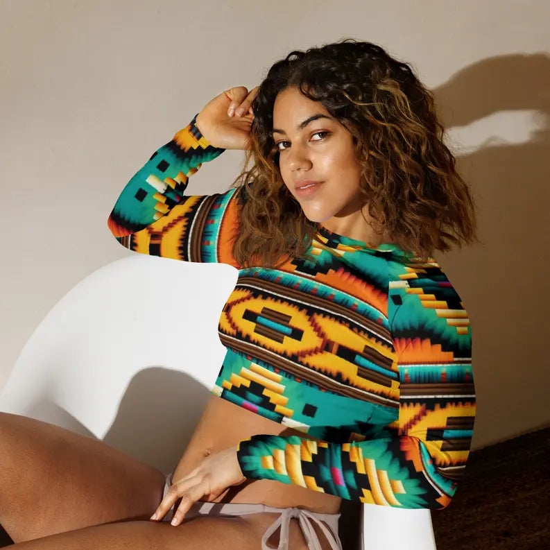 Yellow Green and Red African Print Women's Long Sleeve Crop Top Adirelounge
