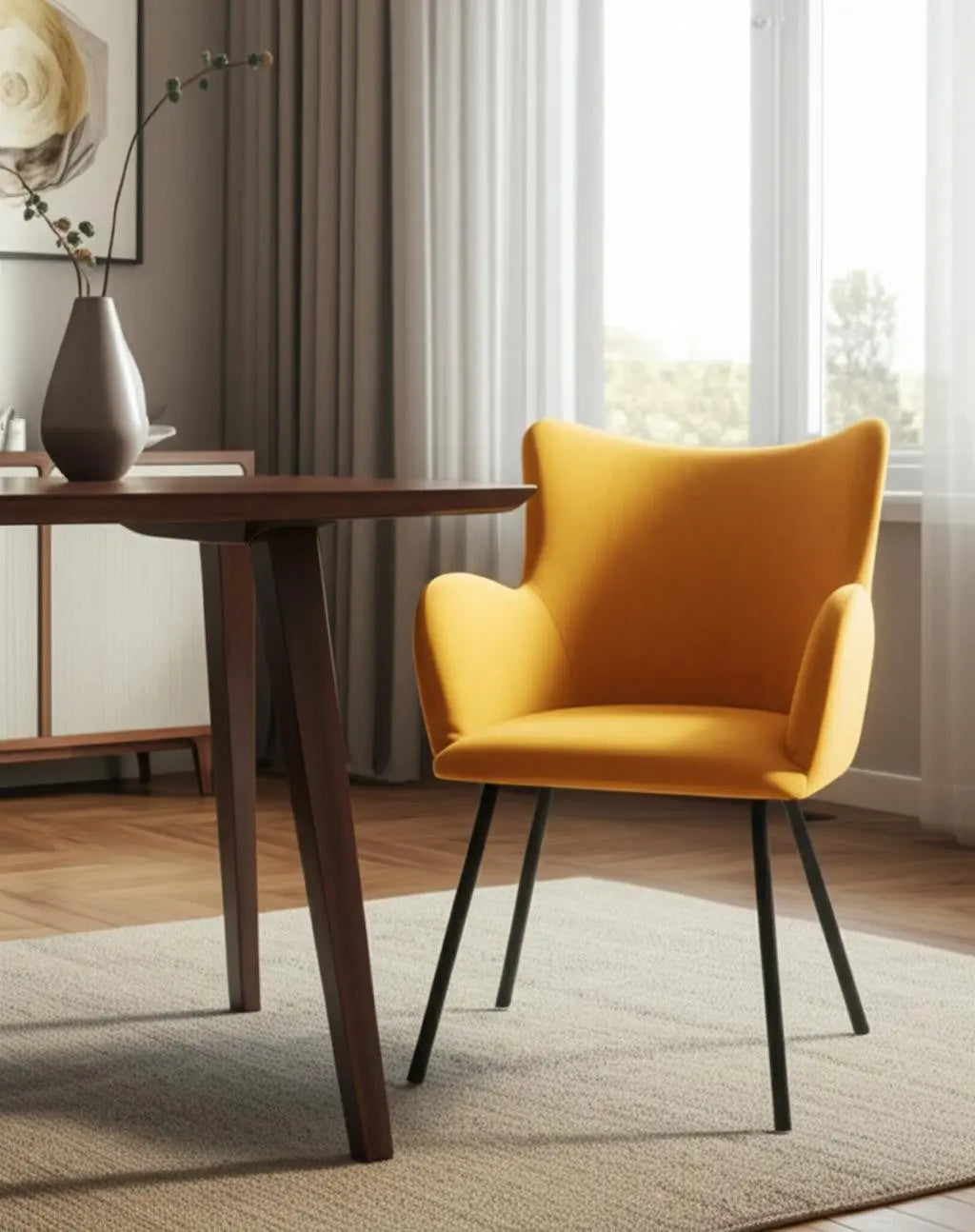 Yellow and Black Upholstered Velvet Wing Back Dining Arm Chair Homeroots Kitchen & Dining