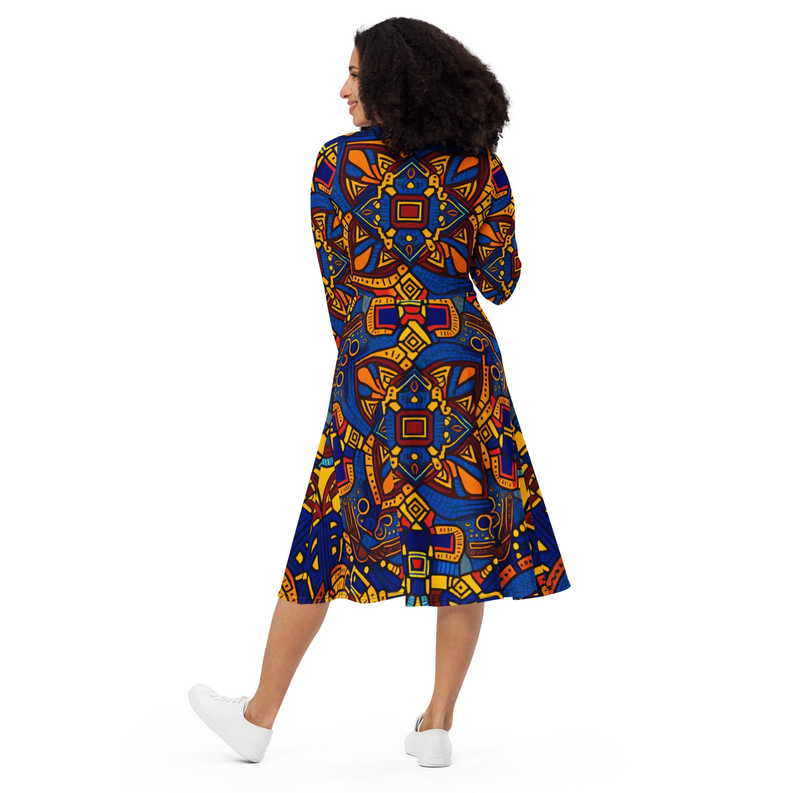 Yellow and Blue Long Sleeve Midi Dress Adirelounge
