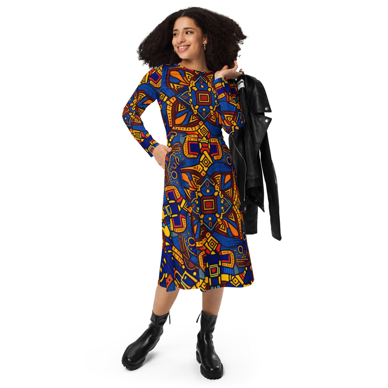 Yellow and Blue Long Sleeve Midi Dress Adirelounge