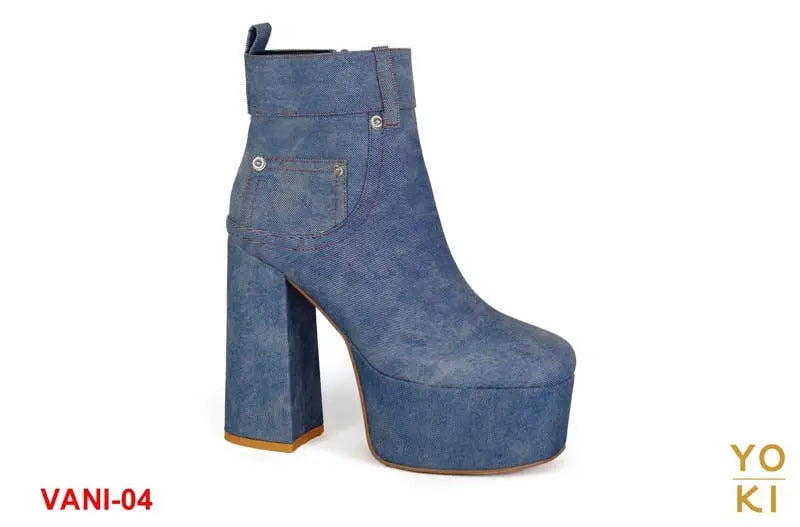 Yoki Womens Double platform Denim Dress High heel Booties Yoki Fashion