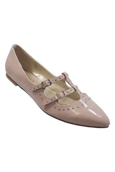 Yoki Womens URBAN-32 POINTED FLAT PATENT PU W/STUDS Yoki Fashion