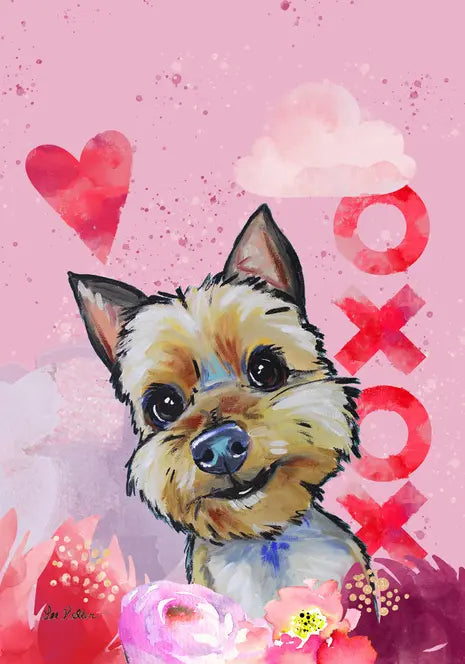 Cute Yorkshire Terrier portrait on pink background with hearts and flowers, featuring vibrant colors and playful style.