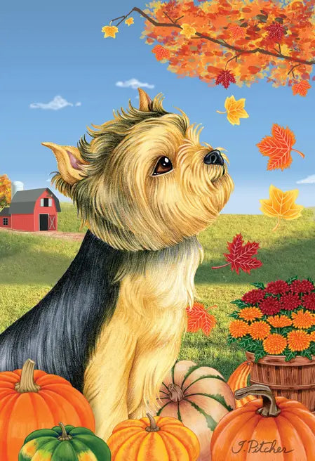 Yorkie Puppy Cut - Tomoyo Pitcher Autumn Leaves Outdoor Flag Best of Breed