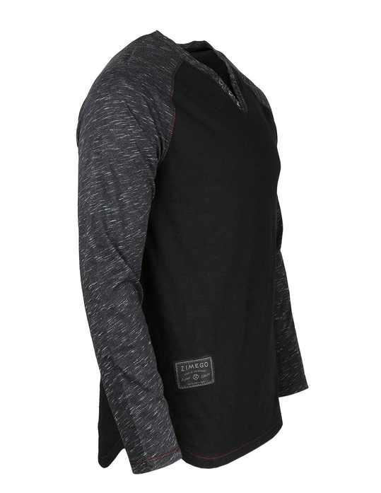 ZIMEGO Long Sleeve Contrast Raglan Henley V-Neck T-Shirts BLK-BLK Zimego Apparel